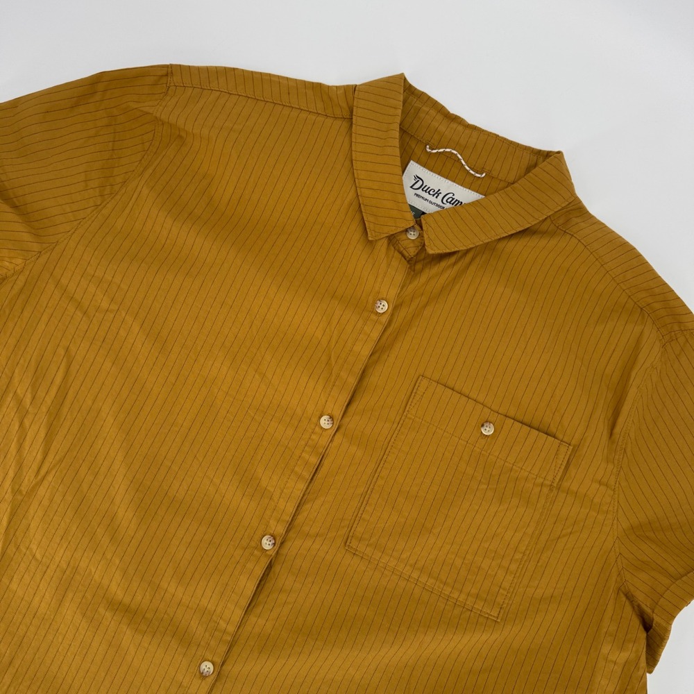 Duck‎ Camp Womens XL Mustard Yellow Pinstripe Short Sleeve Button Down Shirt Top